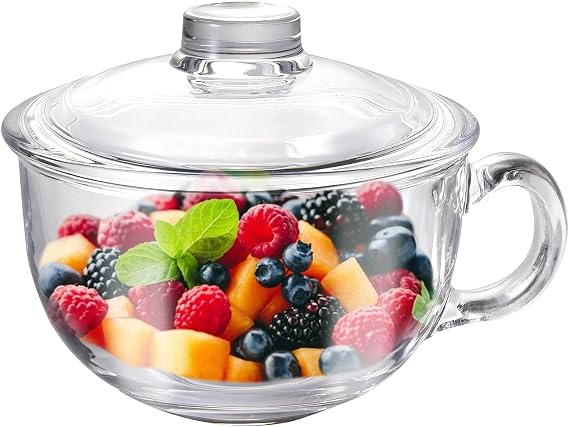 Glass Cereal Bowl Glass Soup Bowl with Handle, Clear Small Bowls with Glass Lid Oatmeal Breakfast Bowls Microwave Safe Glassware Yogurt Bowl for Dessert Pasta Rice