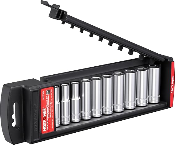 MAXPOWER 10PCS 1/4" drive Deep Socket Set, SAE, 6-ponit Sockets 3/16", 7/32", 1/4", 9/32", 5/16", 11/32", 3/8", 7/16", 1/2", 9/16"