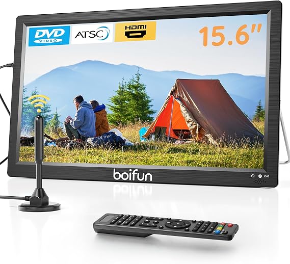 Boifun 15.6" Portable TV with Antenna, DVD Player Built-in, FM Radio, 5000mAh Battery, Support HDMI Input/USB/TF/AV Out and Multiple Disc Formats, Small TV DVD Combo for Camping Patio RV Kitchen,Black