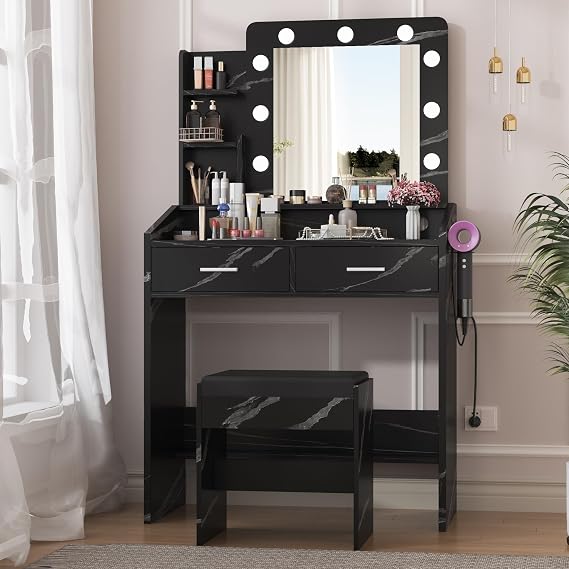 IDEALHOUSE Vanity Desk with Mirror and LED Lights, Black Modern Makeup Table with 2 Drawers, Dimmable Three-Mode Lighting & Upholstered Stool for Bedroom, Marble Black