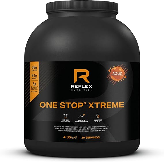 Reflex Nutrition One Stop® Xtreme - Serious Mass Gainer - All in One Protein Powder - 55g Protein, 10.3g BCAAs, 5,000mg Creatine - Muscle Building Protein Shake (Salted Caramel, 4.35kg)