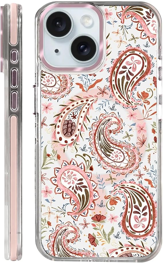 iPhone 15用クリア磁気ケース、スリムアンチイエロー透明カバー、ミリタリーグレード保護、iPhone 15用フォンケース、フォークペイズリー