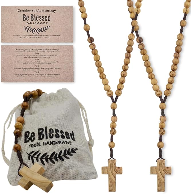 Bethlehem 2-Pack Certified Wooden Rosary from Olive Wood - Our Father Christian Catholic Wooden Prayer Beads in Cotton Rosary Pouch and Authenticity Certificate for Men and Women