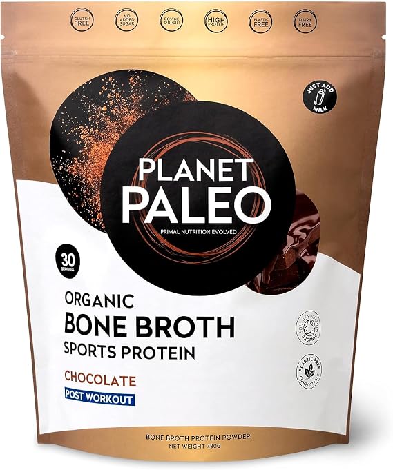 Planet Paleo Organic Bone Broth Sports Protein Powder (480g, 30 Servings) Chocolate, Grass-Fed, Collagen, High Protein Post-Workout Recovery Drink