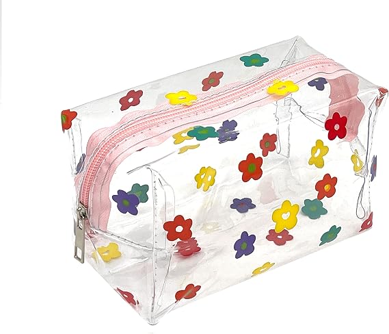 Cute makeup bag, transparent portable makeup bag, waterproof toiletries storage bag, large capacity pen bag (Colorful flowers)