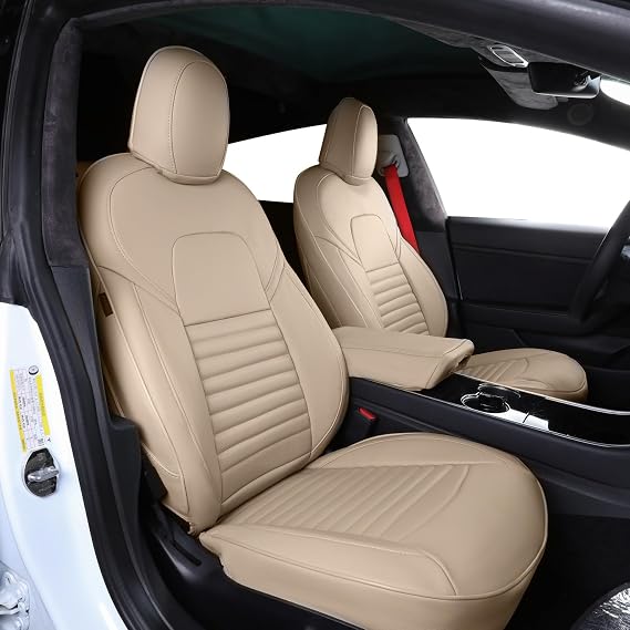 EKR Model X Car Seat Covers for Tesla Model X 2020-2024,5 Seats,Car Seat Cover Full Set,Truck Seat Cushion for SUV - Leather Beige