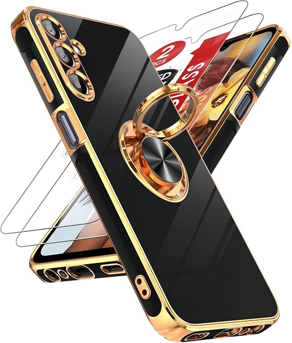 LeYi for Samsung A15-5G Case: with [2 Pack] Tempered Glass Screen Protector 360 Rotatable Ring Holder Magnetic Kickstand, Plating Rose Gold Edge for Galaxy A 15 5G Case, Black