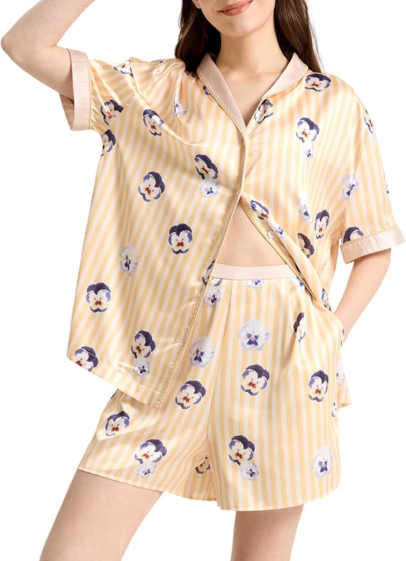 Yimoon Satin Pajama Set for Women 2 Piece Silk Pajamas Cute Floral Pj Set Short Seeve Button Down Pjs Sleepwear