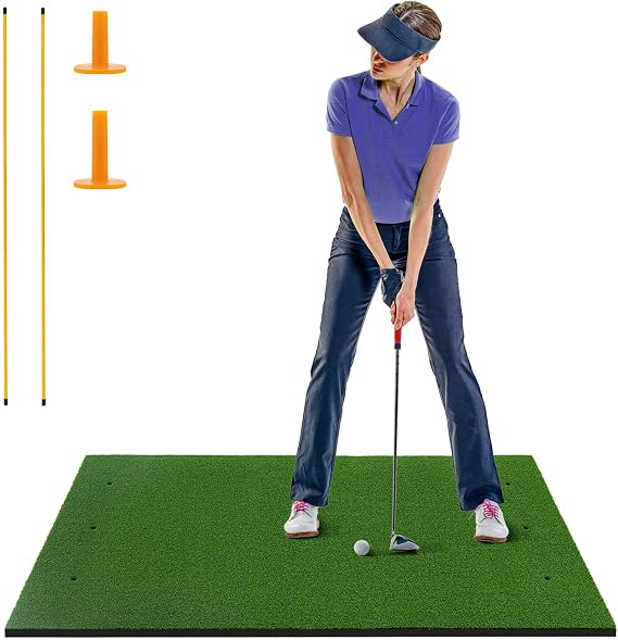 COSTWAY Golf Hitting Mat, 5 x 3 FT/5 x 4 FT Artificial Turf Mat with 2 Rubber Tees and 2 Alignment Sticks, Golf Training Mat for Home Backyard Garage