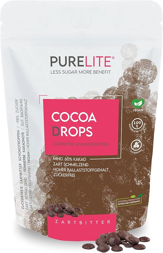 PURELITE Cocoa Drops Dark Chocolate, vegan, low-carb chocodrops, sugar-free with erythritol & stevia, min. 60% cocoa – for baking, melting, snacking, chocolate fountain, fondue & couverture, 450 g