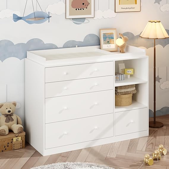 Baby Changing Table, Baby Changing Unit with 5 Drawers and 2 Storage Shelves, Diaper Changing Station, Multi-Functional Chest of Drawers for Bedroom Baby Room Nursery, White