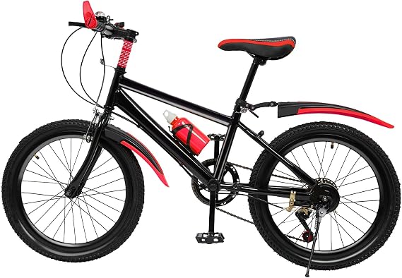 WooDerson 20 Inch 7 Speed Mountain Bike for Boys Girls Height 1.3-1.5m, Bike With Storage Bag, Kettle, Holder, Compass Bell, Max Bearing Capacity 85kg(Black, Red)