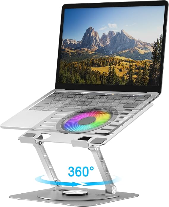 Laptop Stand,with 360Rotating Base,External Cooling Fan,Adjustable RGB Lighting,Ergonomic Foldable Notebook Computer Holder.Compatible with All 10-17" Laptops Tablets,Silver