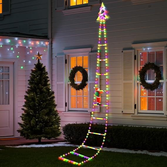 Christmas Ladder Lights with Santa Claus, 248 LED Rope Ladder Light, 8 Lighting Modes & 6H Timer, Waterproof Xmas Decorations Light for Indoor Outdoor, Yard, Porch, Wall, Christmas Tree Decor