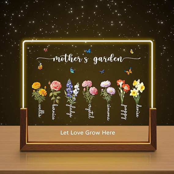 Funny DIY Custom Mothers Day Gifts for Mom Grandma, Personalized Acrylic LED Night Light, Customized Birth Month Flower with Names, Christmas Birthday Gift for Mom from Daughter Son Kids
