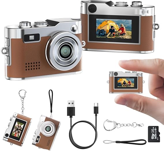 Mini Keychain Camera, 1080P Retro Digital Camera, Tiny Vantage Camcorder with 16GB SD Card, 0.96" Screen, Compact Pocket Camera for Kids, Students, Travel, Daily (Brown)