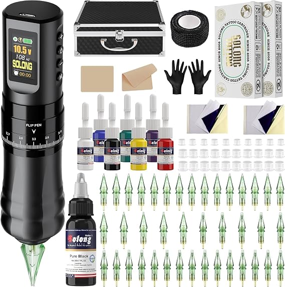Solong Tattoo Kit Tattoo Machine Wireless with 1800mAh Power LED Display Rotary Tattoo Pen with 40pcs Tattoo Cartridges Needles and 7 Multicolor Ink SLE96EN01SUK-1