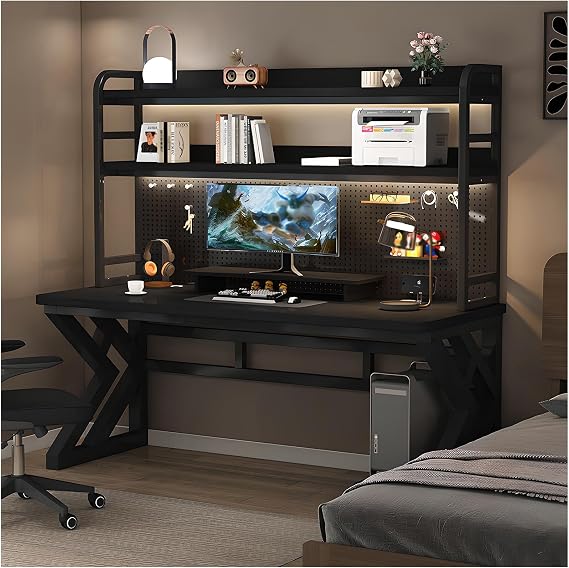 Gaming Desk with Pegboard and Storage Shelves, Computer Desk with Home Office Design, Modern Office Desk with Spacious Computer Workspace for Home Office and Gaming Setup (Black, 39.4 in)