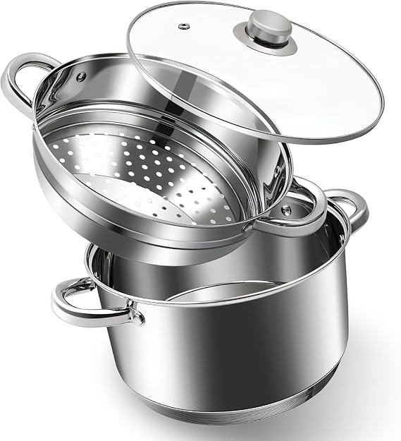 4 QT Stainless Steel Cookware Set, 3-Piece Multipurpose Stock Pot with Steamer Pot and Tempered Glass Lid, Stainless Steel Handle, Work with Gas Electric Induction Stove