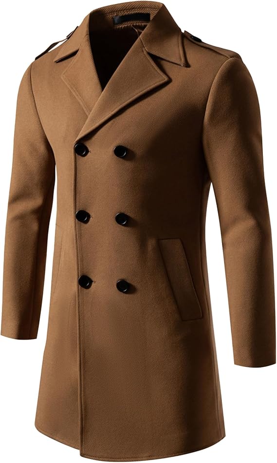 DGKaxiyaHM Men's Retro Classic Wool Blend Coat Double Breasted Winter Overcoat Notched Lapel Collar Warm Outerwear (58,Brown)