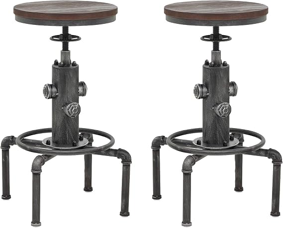 Topower Antique Vintage Industrial Barstool Solid Wood Water Pipe Fire Hydrant Design Cafe Coffee Industrial Bar Stool Set of 2 Silver
