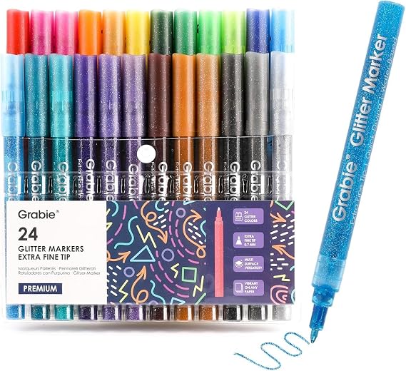 Grabie Glitter Acrylic Paint Markers, Pack of 24 Medium Tip Paint Pens | Metallic Glitter Quick-Drying Water-Based Ink, 0.7mm Fine Lines for Detail Drawing, Smooth Sparkle Color Coverage