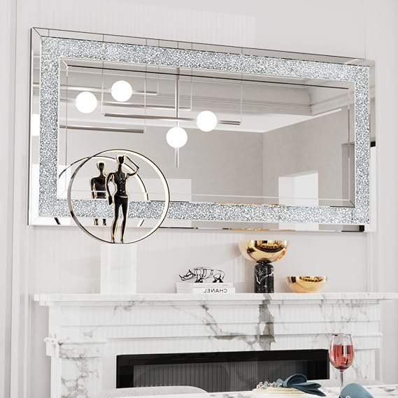 Decorative Silver Mirror with Crushed Diamond Rectangle Wall Vanity 48x24 inch