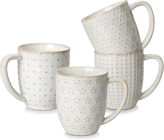 MALACASA LYDIA 16 Oz Coffee Mugs Set of 4, Ceramic Embossed Cups