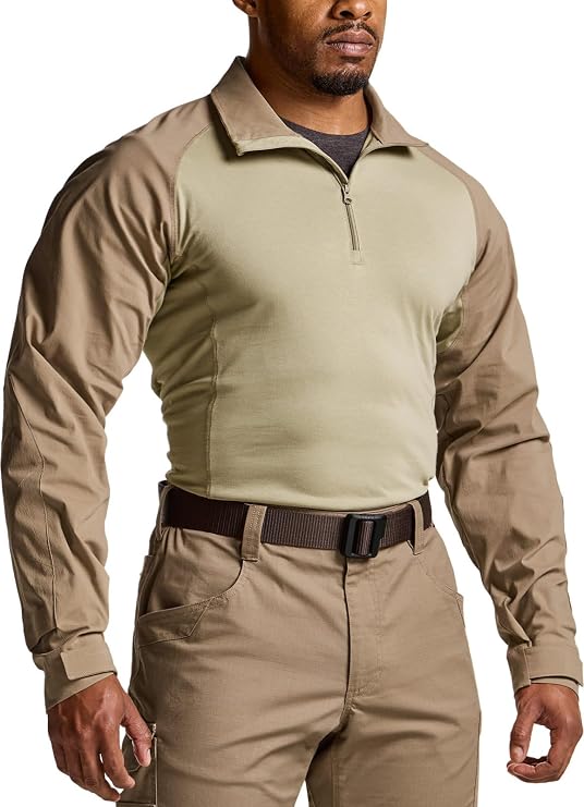 CQR Men's Tactical Combat Shirt, 1/4 Zip Long Sleeve Breathable Military BDU Training Top for Shooting, Hunting, Range Use