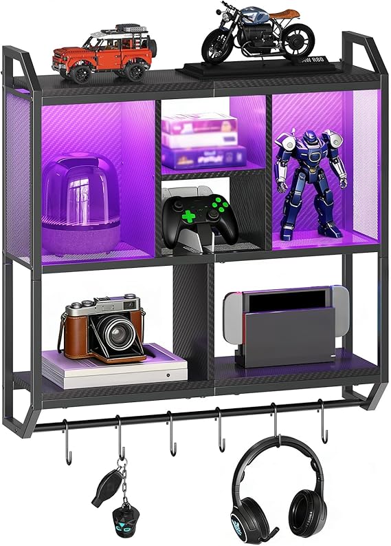 HOOBRO Gaming Floating Shelves with LED Lights, 28.7" LED Wall Mounted Shelf, 3-Tier Display Rack for Wall Storage, Floating Rack with Hanging Rod and 6 S-Hooks, for Gaming Room, Black BB70DBJ01