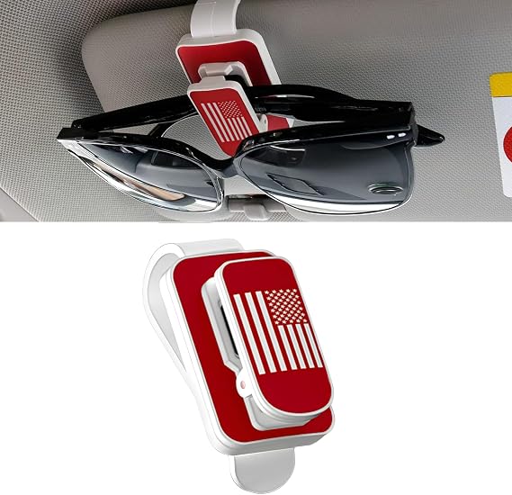 Sunglasses Holder for Car Sun Visor, Metal US Flag Auto Visor Eyeglasses Hanger Mount, Multi-Function Vehicle Ticket Card Clip Organizer for Different Size Eyeglasses (White+Red)