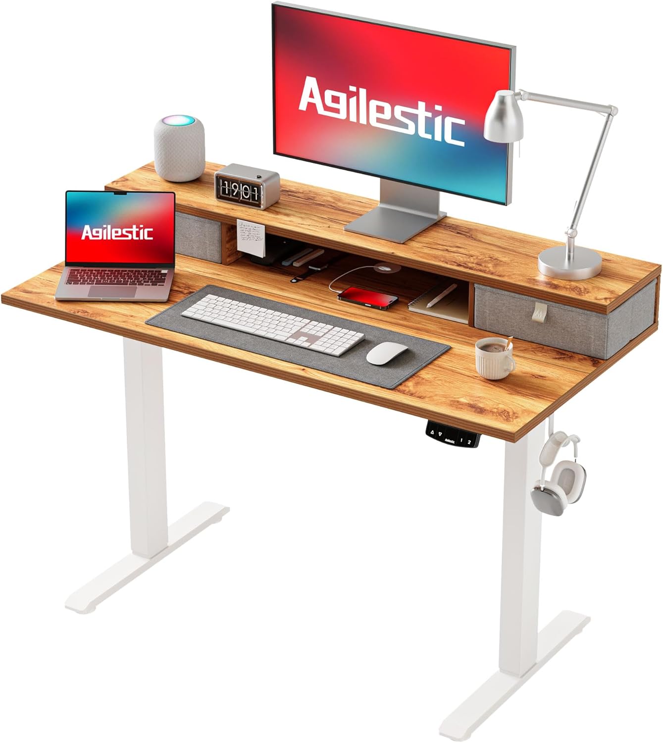 Agilestic Electric Adjustable Height Desk with 2 Drawers, 100 x 60 cm, Stable Sit-Stand Desk with Memory Control, Ergonomic Computer Desk, Light Brown