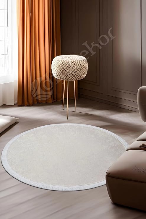 Halı Krem Cool Janjanlı Yuvarlak Saçaklı Kesme Ince Yolluk Kilim Salon Halısı Modelleri, JANJANLI-KREM-YUVARLAK-SAÇAKLI, 180x180