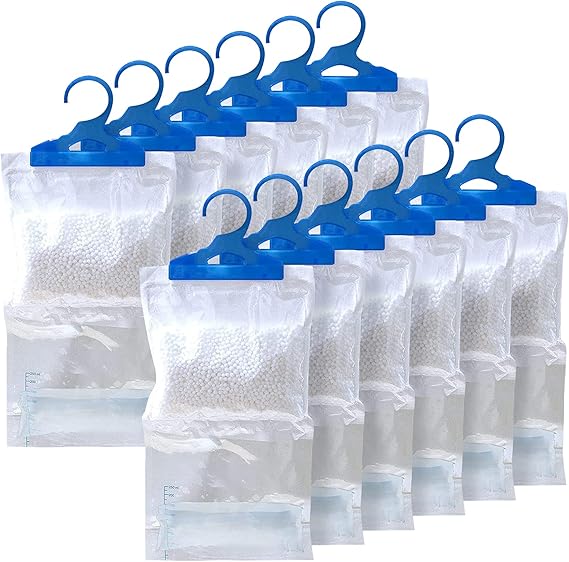 Wardrobe Hanging Dehumidifier With Strong Hook & Leak Proof Storage Bag Perfect For Stop Damp, Mildew, Mould & Condensation For Wardrobe, Kitchen, Bedroom, Basement, Office etc (Pack of 12)