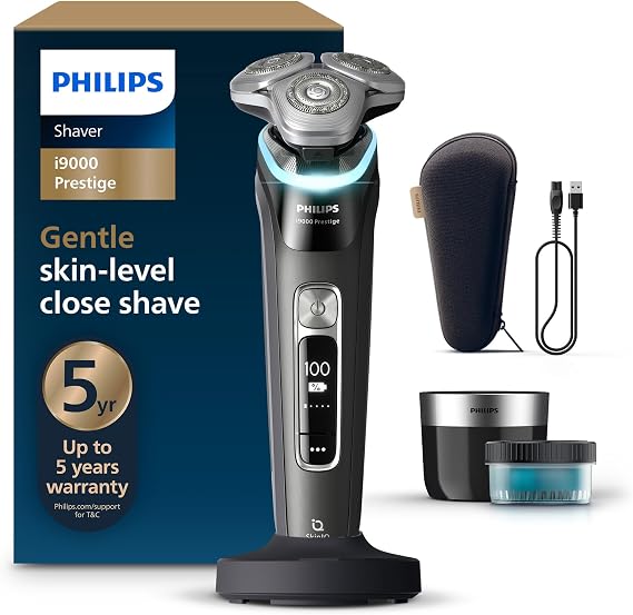 Philips Shaver i9000 Prestige, Wet & Dry Electric Shaver, Ink Black, with Skin IQ Technology, Triple Lift & Cut System, 360 Rotating Dual SteelPrecision Blades, Quick Clean Pod, Model XP9207/30