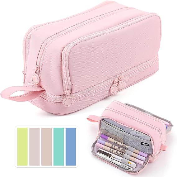 Large Capacity Pencil Case, Pencil Pouch with Sticky Note and 4 Compartments Multifunctional Stationery Organizer for Girls Boys, Office Makeup Bag Portable Pen Bag for Students Women Men (Pink)