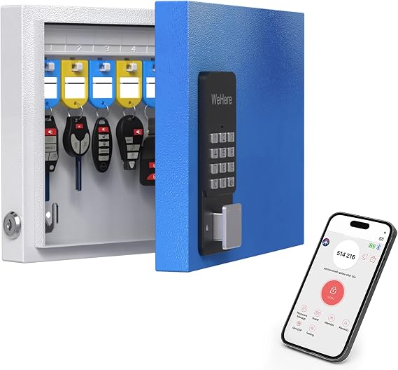 WeHere 16 Key Lock Box Wall Mount, APP Bluetooth/OTP/Wi-Fi/Fixed Code/Key Unlock, Smart Key Cabinet with Key Tag, Key Organizer Holder Box, Key Management Directory for Office, Valet, Realtor, Hotel