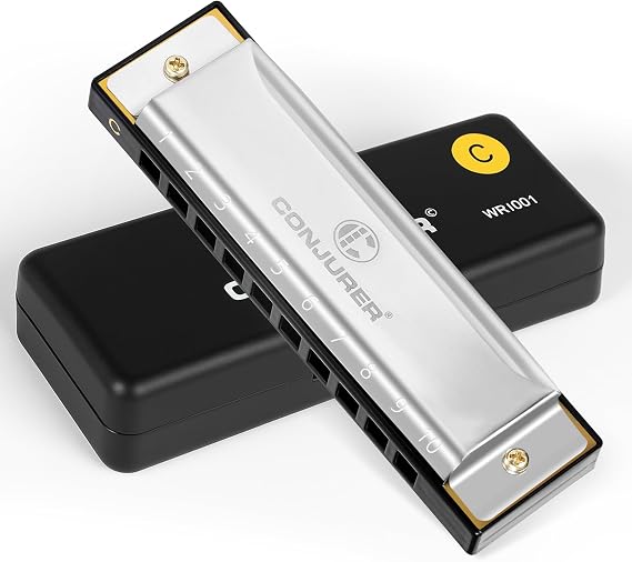 CONJURER Blues Harmonica for Beginners Adult, 10 Hole Diatonic Harmonica Key of C, Metal Mouth Organ Brass Reed Blues Harp With Case, Silver