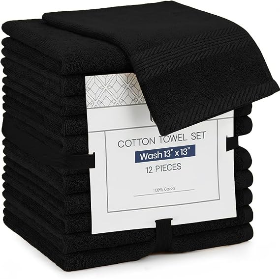 Linteum Textile Supply Premium Bleach Proof 13x13 Black Washcloth 100% Cotton Zero Twist Towels | Absorbent, Quick Dry, Durable for Bathroom, Spa, Gym | Pack of 12