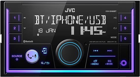 JVC KW-SX88BT Bluetooth Double DIN Car Stereo, 200W Digital Stereo Receiver, AM/FM Radio, Dual Phone Connection, 13-Band EQ, 1.5A USB & AUX Inputs, Custom Color Illumination, Shallow Chassis