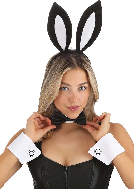 elope Sexy Bunny Halloween Costume Kit with Black Bunny Ears, White Collar, and Cuffs with Decorative Buttons