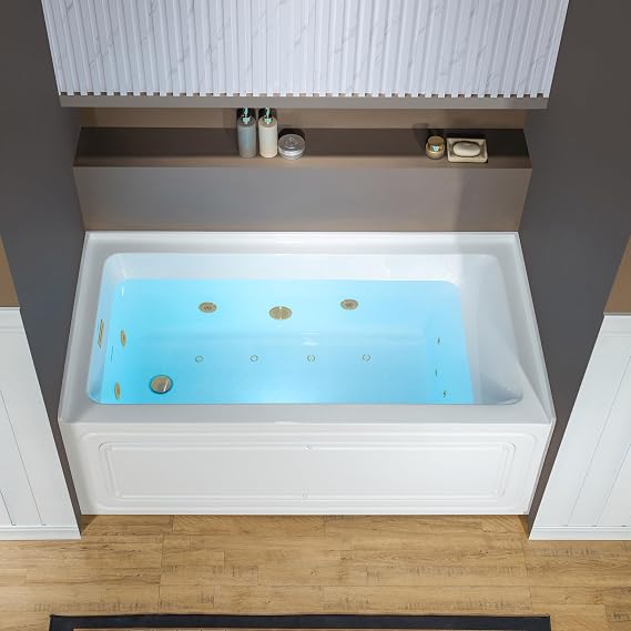 WOODBRIDGE 60" x 32" Alcove Acrylic Rectangular Whirlpool and Air Heated Tub in White with Left Drain, Brushed Gold Finish Trim and Drain Kit Included, DF606-L-BG03