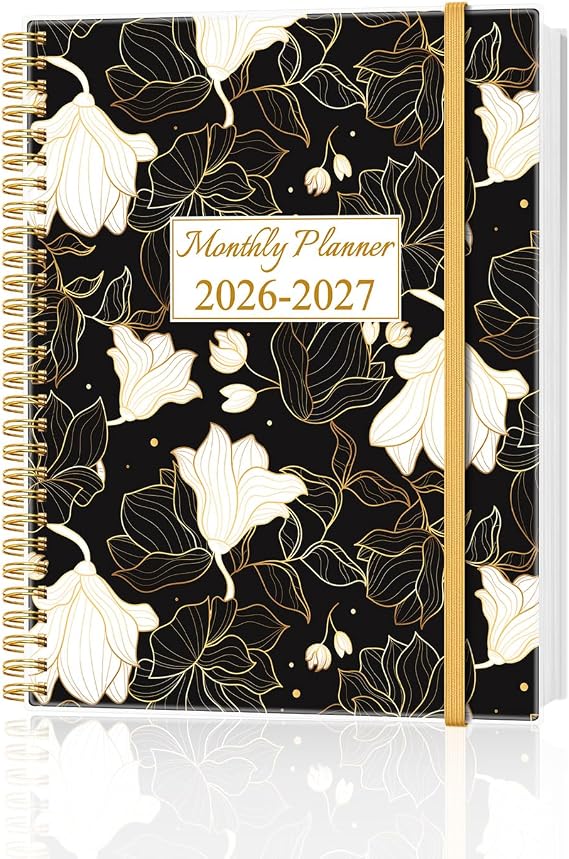 Monthly Planner 2026-2027 - Monthly Calendar from July 2026 to December 2027, 2026-2027 Planner with Inner Pocket, Elastic Band, 8.5" x 11", White Gold Flower