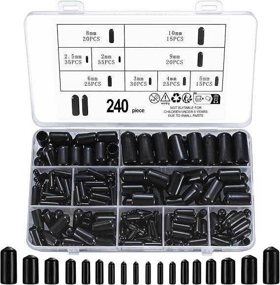 240 Pcs Rubber End Caps, PVC Screw Protectors, Round Tube Bolt Covers - 9 Sizes, Black