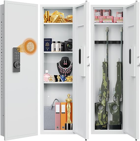 53.15" Wall Safe Between the Studs, Biometric Fingerprint Hidden Safe with Dual Alarm System and Silent Mode, Wall Gun Safe with 3 Adjustable Shelves and Magnetic Slot (White-Fingerprint)