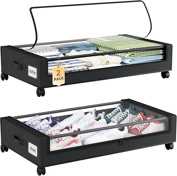 Somdot 48L Under Bed Storage Box, Large Capacity Under Bed Storage on wheels with Lid and Zip, Foldable Organiser for Clothes Bedding and Shoes, Black, 2 Pack