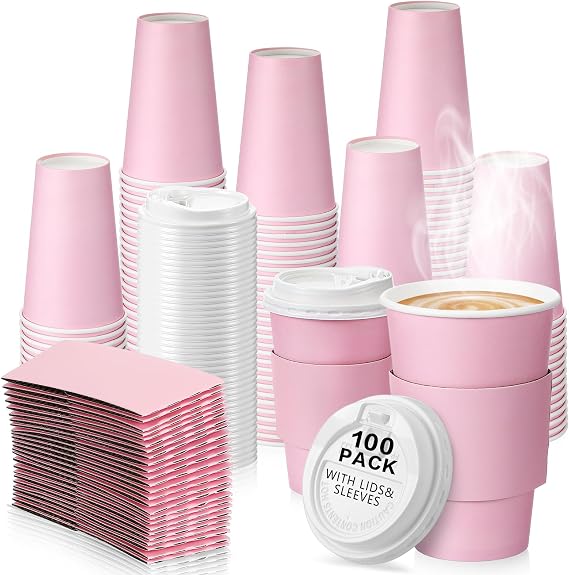 Tioncy 100 Set 16 oz Disposable Pink Coffee Cups with Lids and Sleeves Set