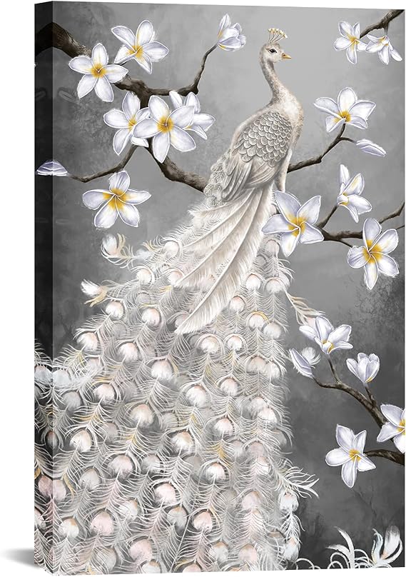 OuElegent White Peacock Canvas Wall Art Elegant Bird and White Flower Painting Picture for Living Room Bedroom Grey and Yellow Decor 24x36 Inch