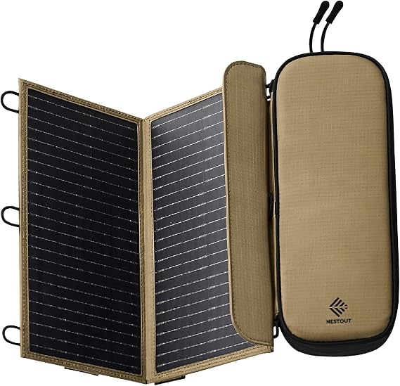 NESTOUT Portable Solar Panel, USB-C and USB-A Ports, 14W Solar Charger for Camping, Water Repellent Ripstop Nylon, Foldable Compact Design, Digital Ammeter, Adjustable Stand, Beige (2 Panel)