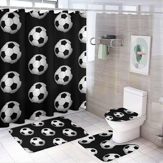 4 Pieces Fun Soccer Ball Sports Shower Curtain Sets, Bathroom Sets with Shower Curtain & Rugs, Bathroom Decor Rug Toilet Lid Cover & Non-Slip U Shape Mat Waterproof Shower Curtain with 12 Hooks